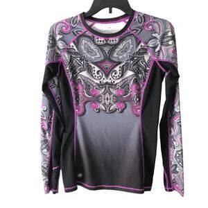 Athleta Purple Black Runaway Wicking Run Swim Rash Guard Long Sleeve Mesh Top